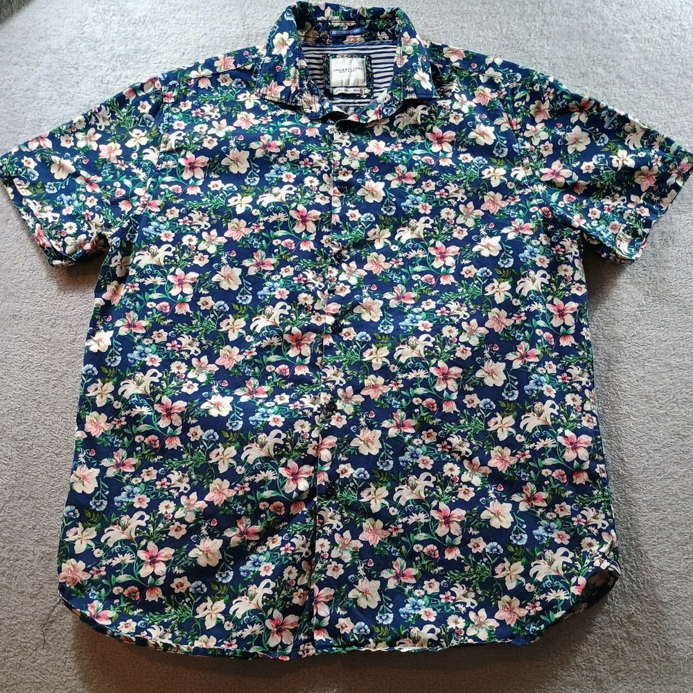 Denim & Flower Mens Shirt Floral Navy Blue Large Short Sleeve Button Down